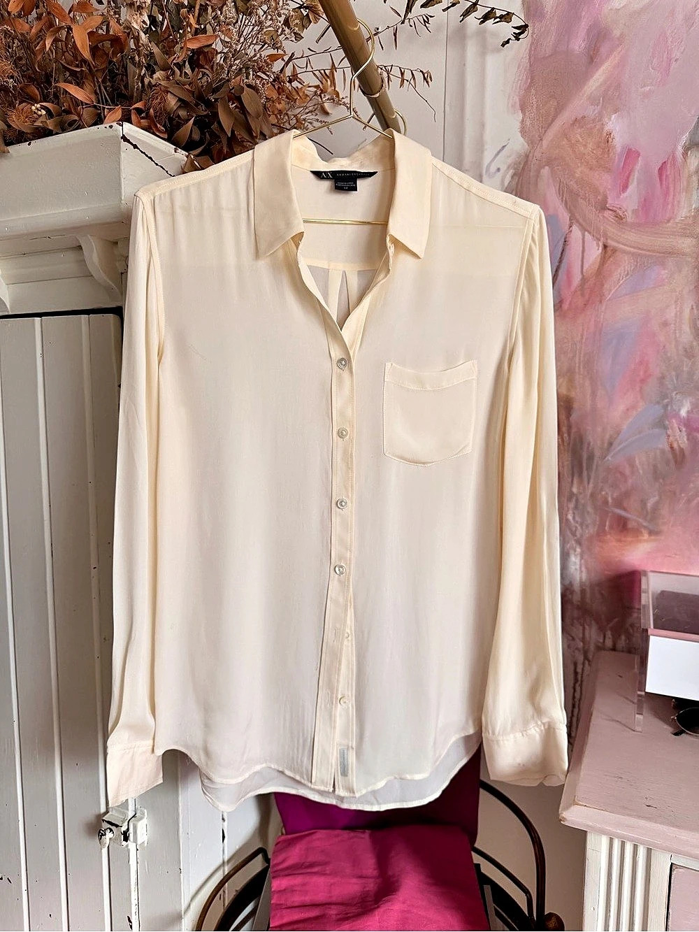 Armani Exchange Silk Button Down Shirt in Cream Size Small